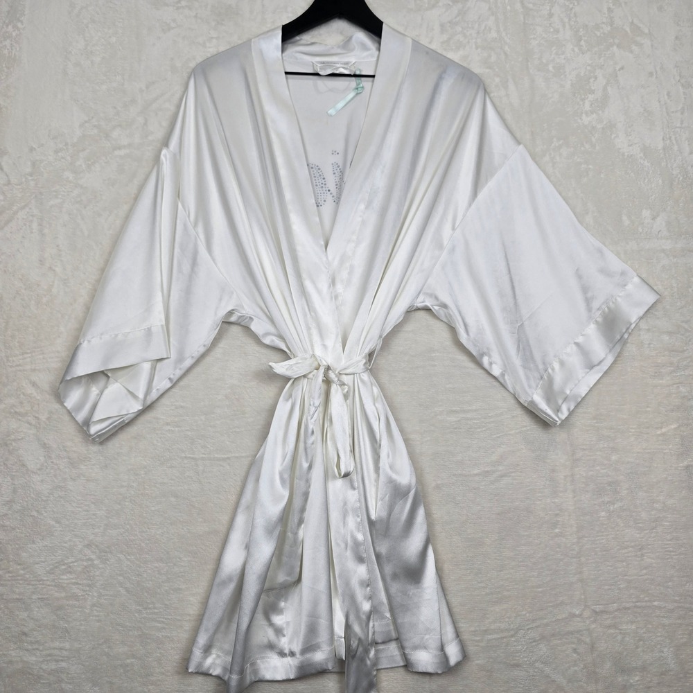 Victoria's Secret I Do White Satin Bride Rhinestone Kimono Robe One Size